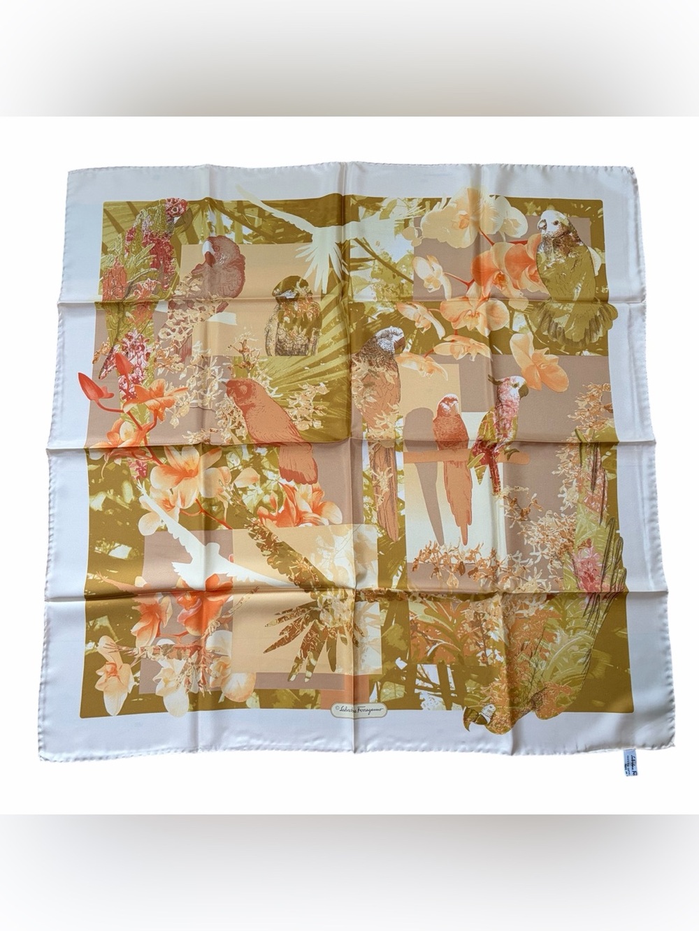 Salvatore Ferragamo Silk Scarf 34” Italy Orig Box & Creases Orange/Yellow PARROT